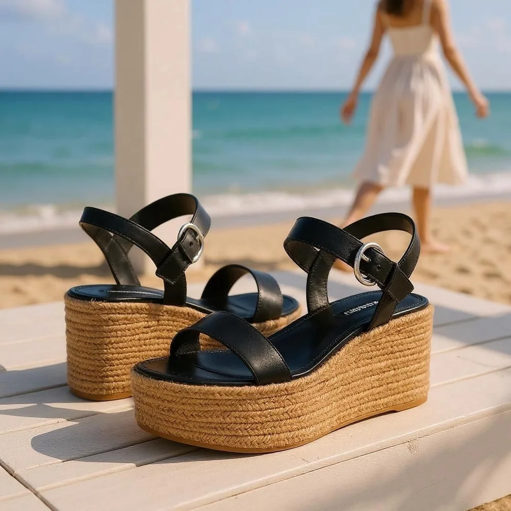Nine West Women Classic Chunky Strap Dark Espadrille Platform Sandal BLACK 10 M